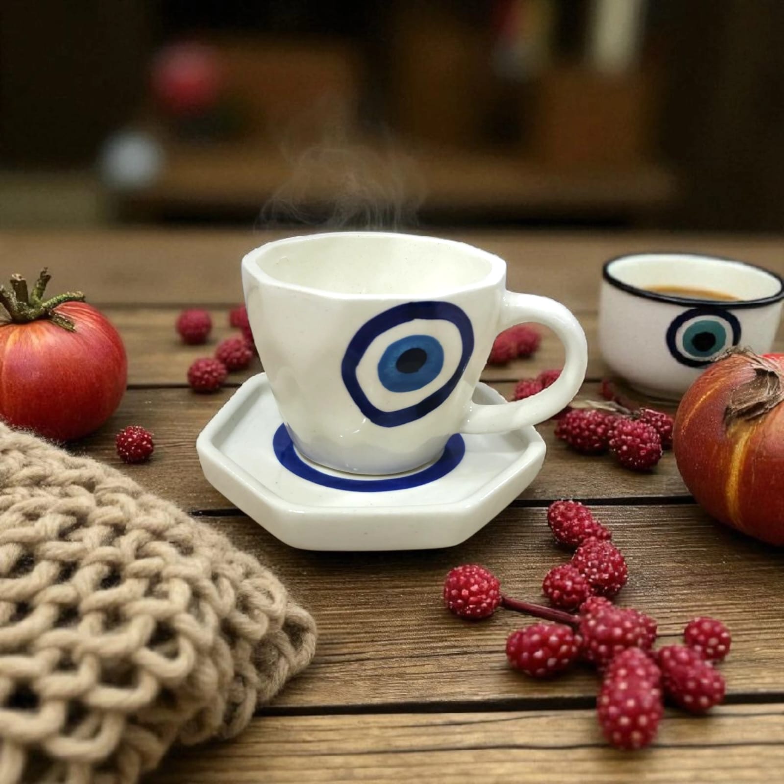 Handcrafted Ceramic Evil Eye Cup & Saucer Set - Chinimitti