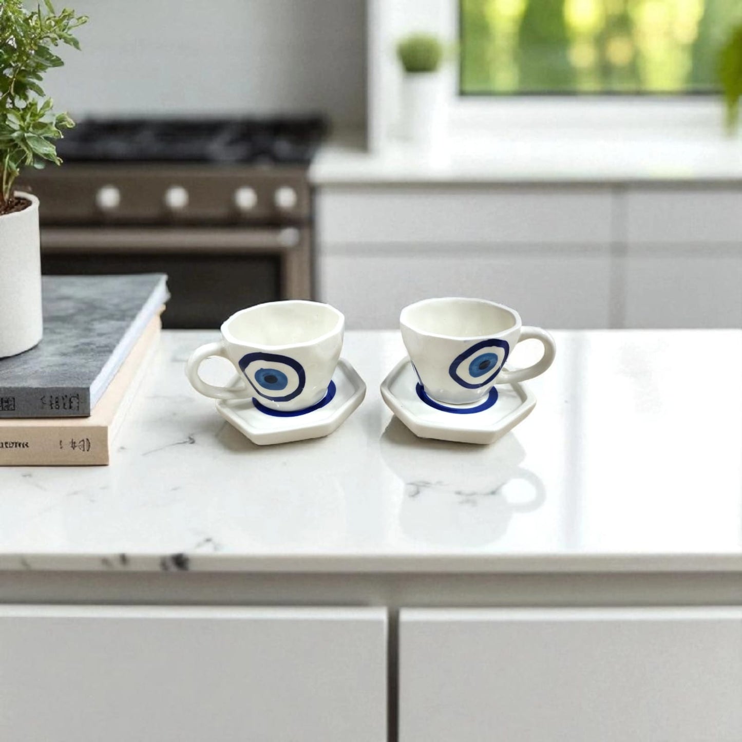 Handcrafted Ceramic Evil Eye Cup & Saucer Set - Chinimitti