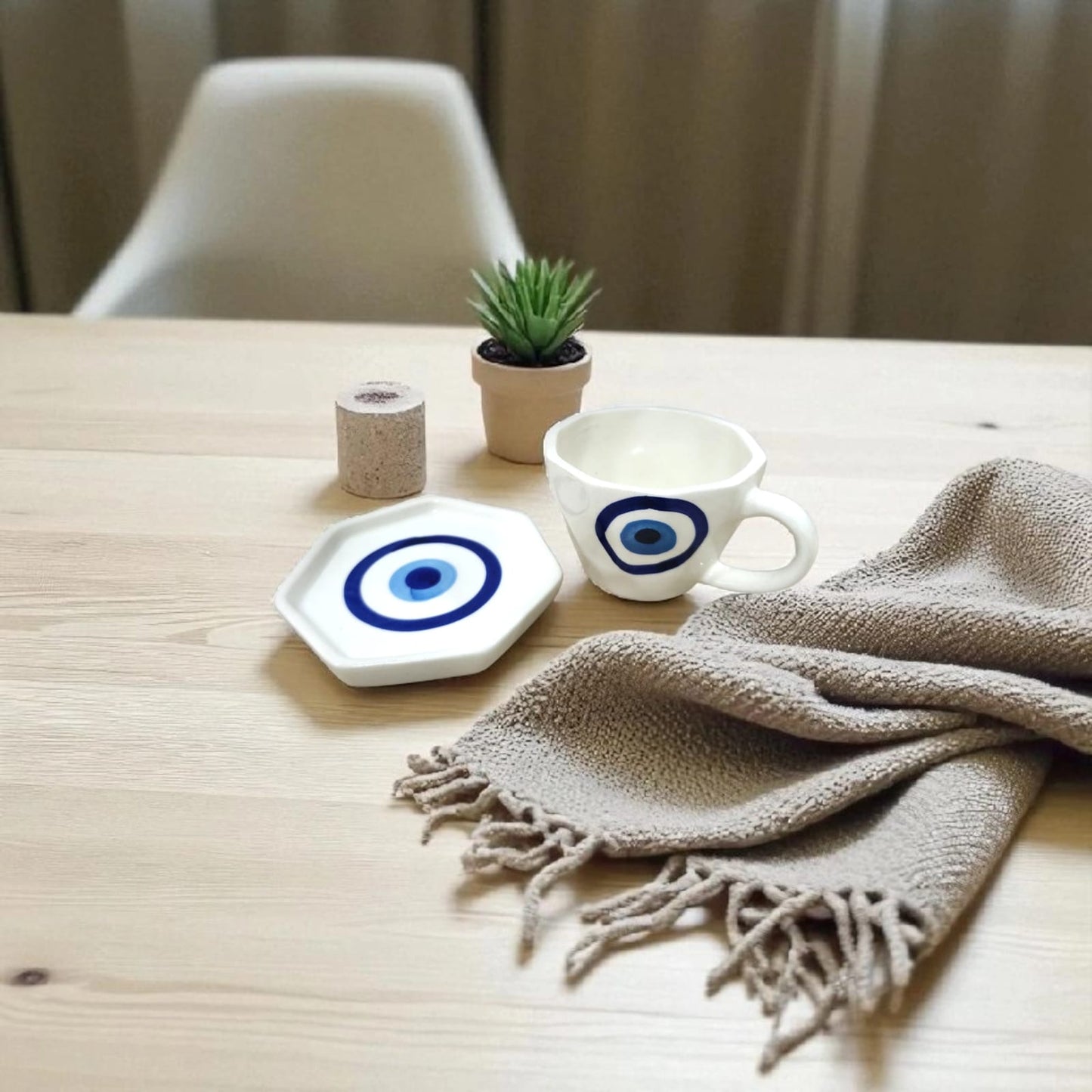 Handcrafted Ceramic Evil Eye Cup & Saucer Set - Chinimitti