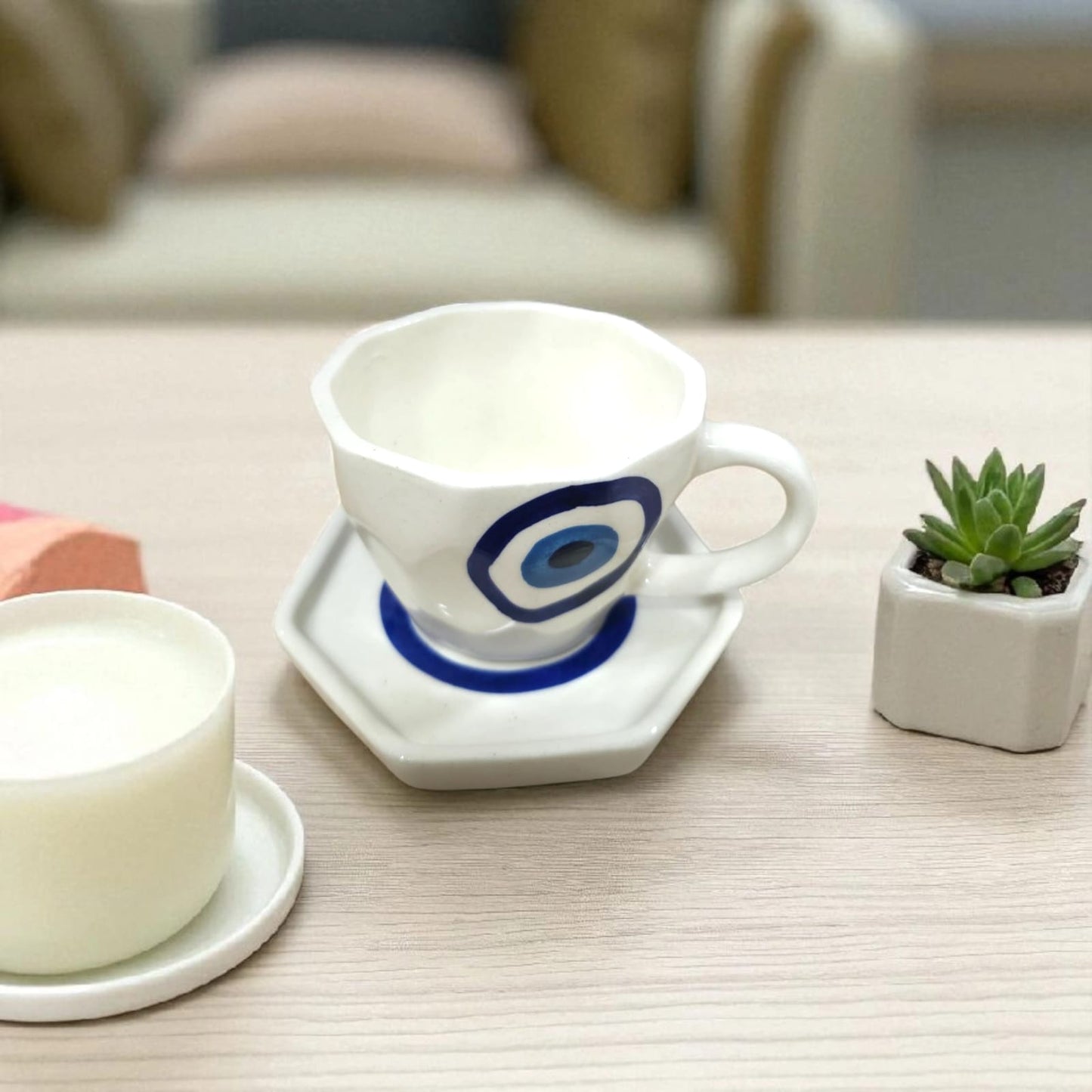 Handcrafted Ceramic Evil Eye Cup & Saucer Set - Chinimitti