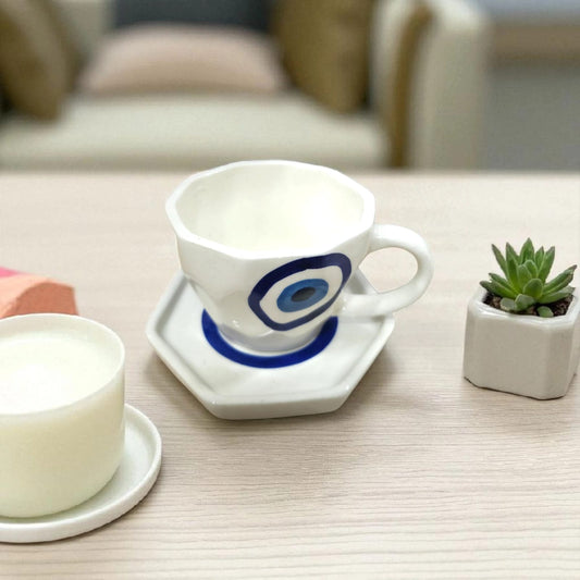 Handcrafted Ceramic Evil Eye Cup & Saucer Set - Chinimitti