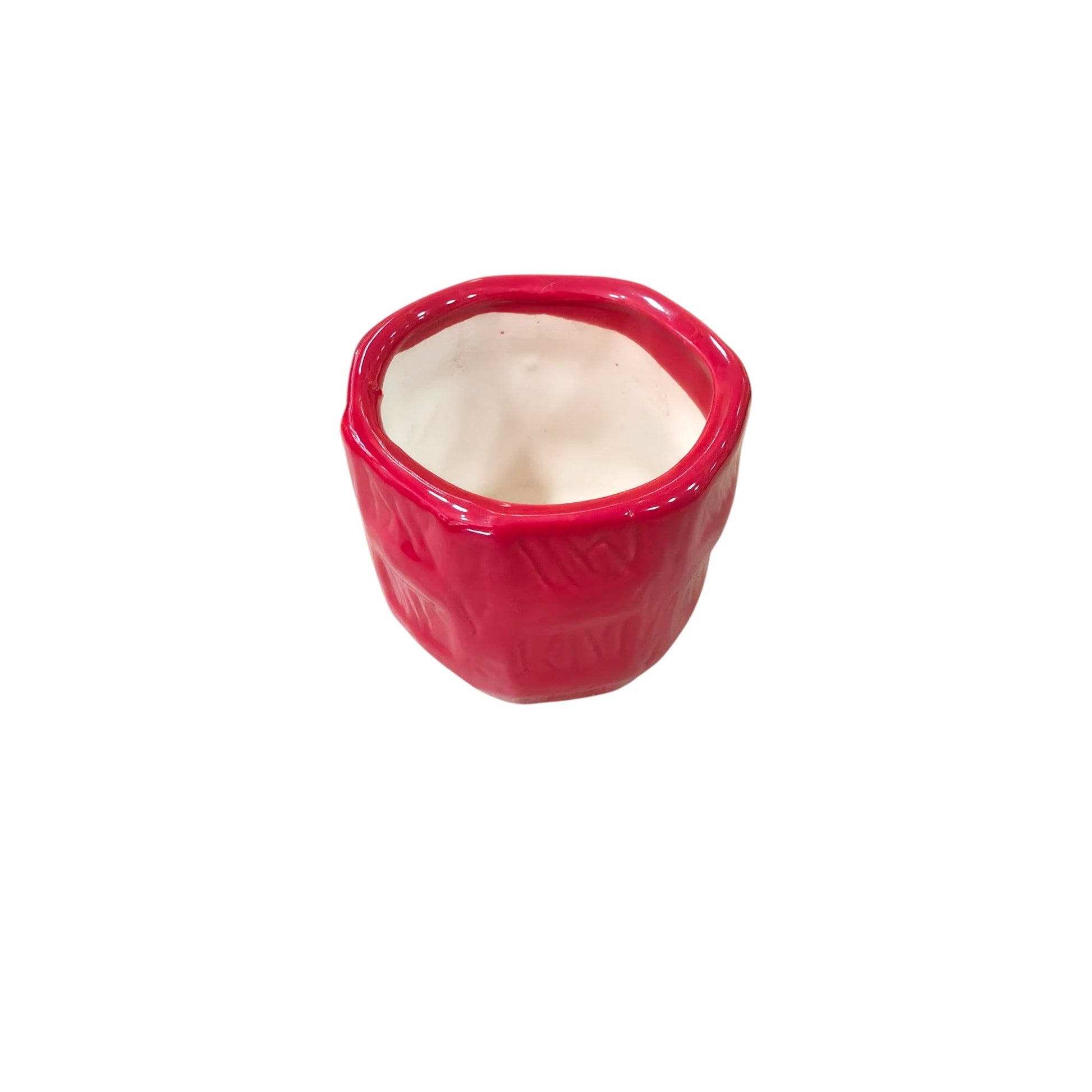 Handcrafted Small Red Ceramic Planter Self - Design Check Pattern - Chinimitti