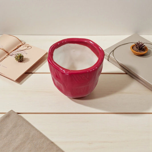 Handcrafted Small Red Ceramic Planter Self - Design Check Pattern - Chinimitti