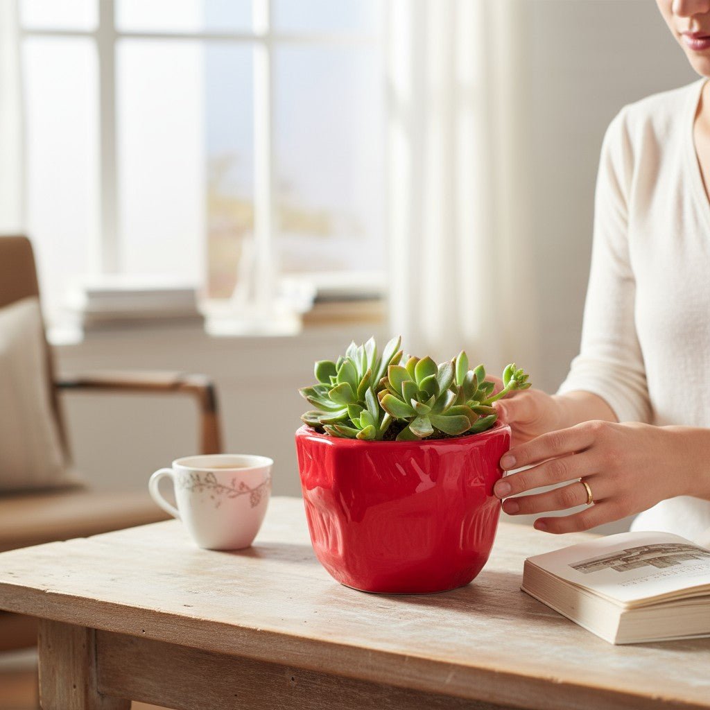 Handcrafted Small Red Ceramic Planter Self - Design Check Pattern - Chinimitti