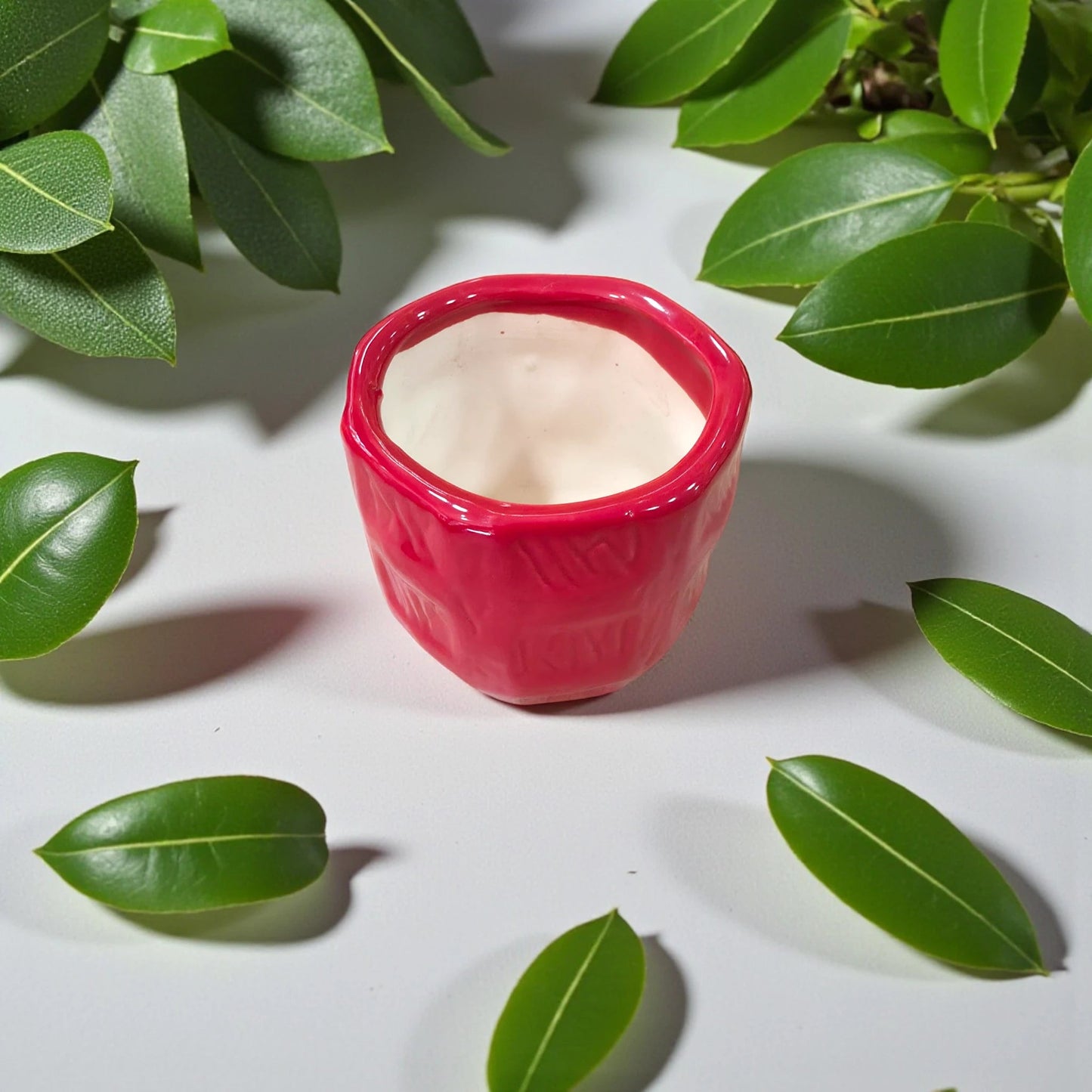 Handcrafted Small Red Ceramic Planter Self - Design Check Pattern - Chinimitti