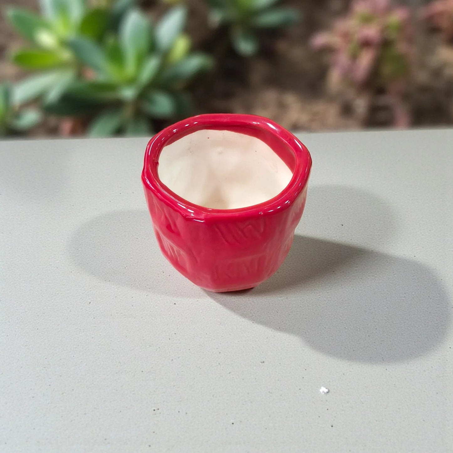 Handcrafted Small Red Ceramic Planter Self - Design Check Pattern - Chinimitti