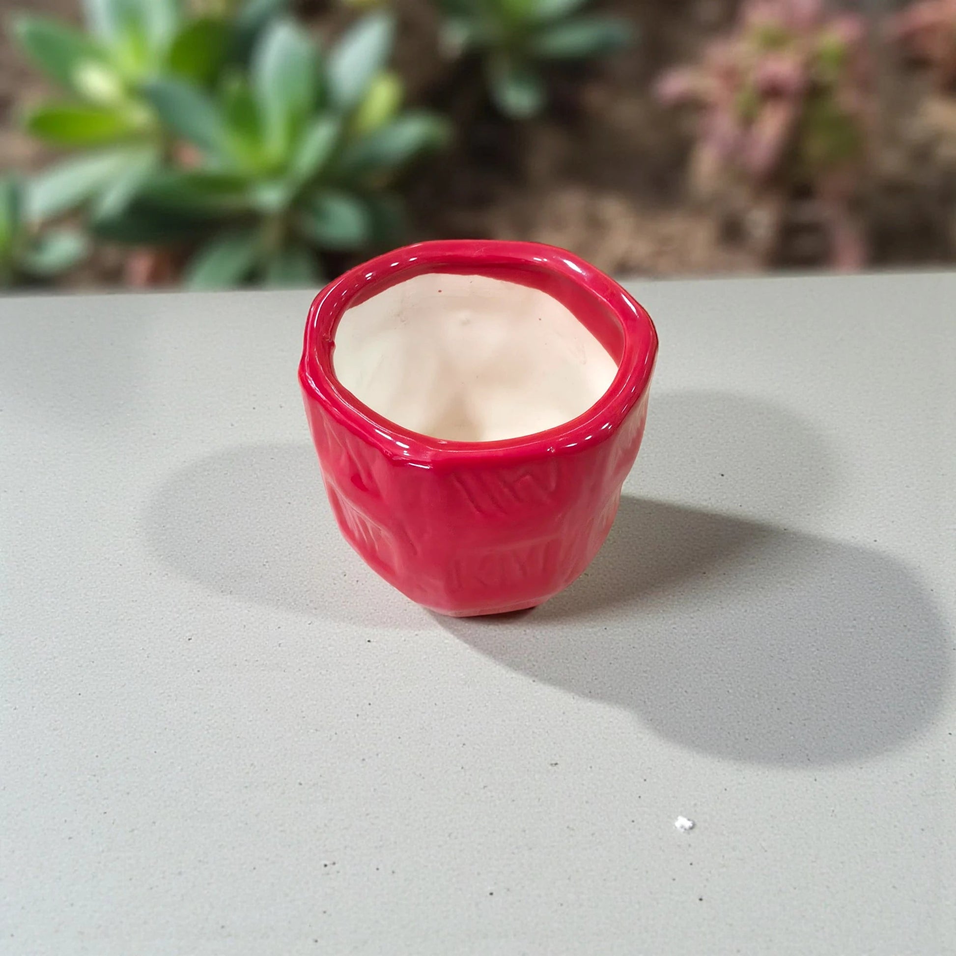 Handcrafted Small Red Ceramic Planter Self - Design Check Pattern - Chinimitti