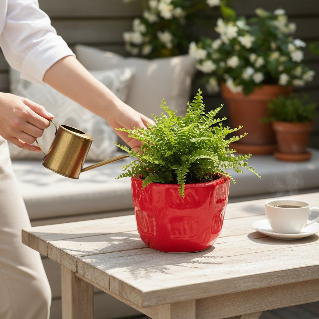 Handcrafted Small Red Ceramic Planter Self - Design Check Pattern - Chinimitti