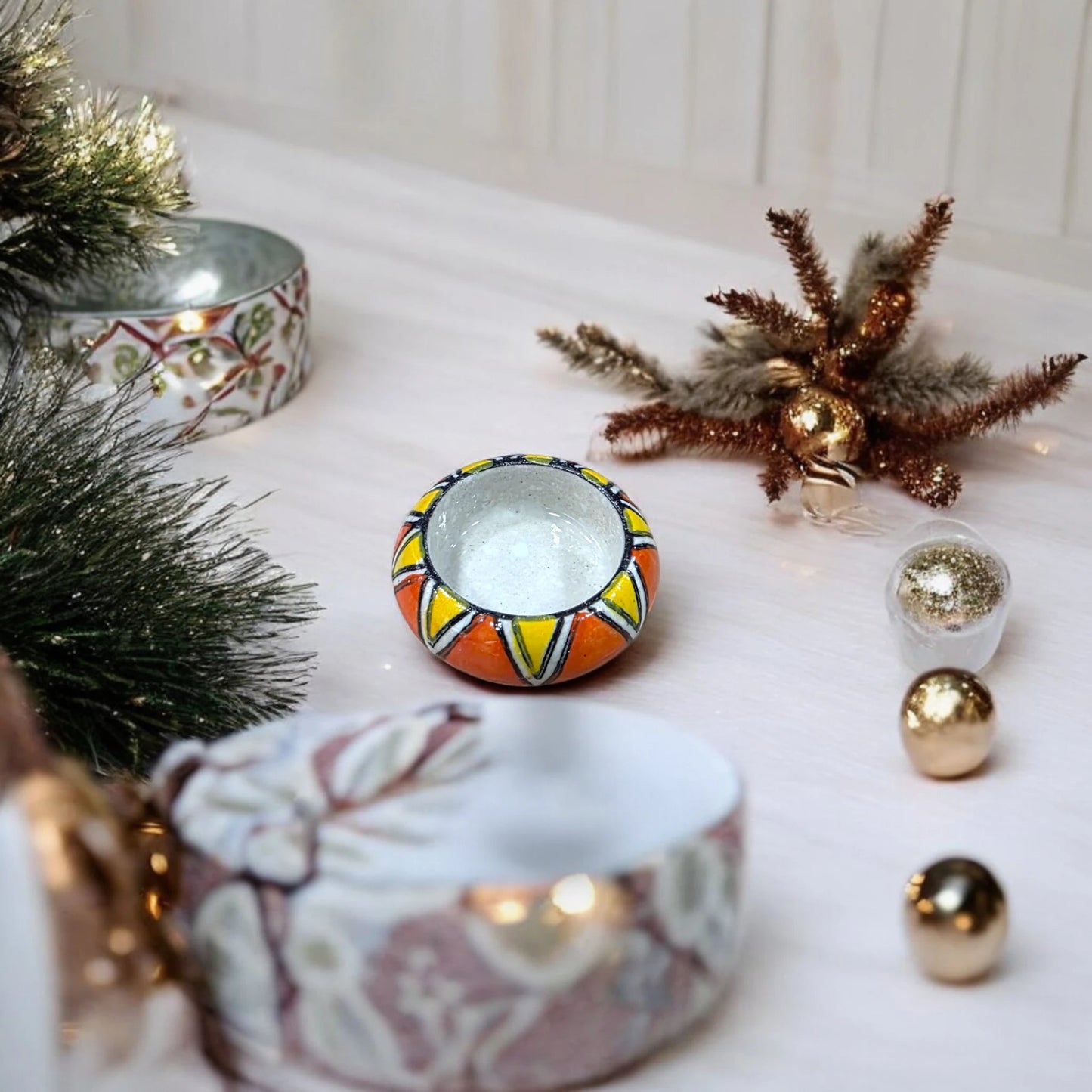 Set of 12 – Handcrafted Ceramic Hand - Painted Round Tea Light Candle Holders - Chinimitti