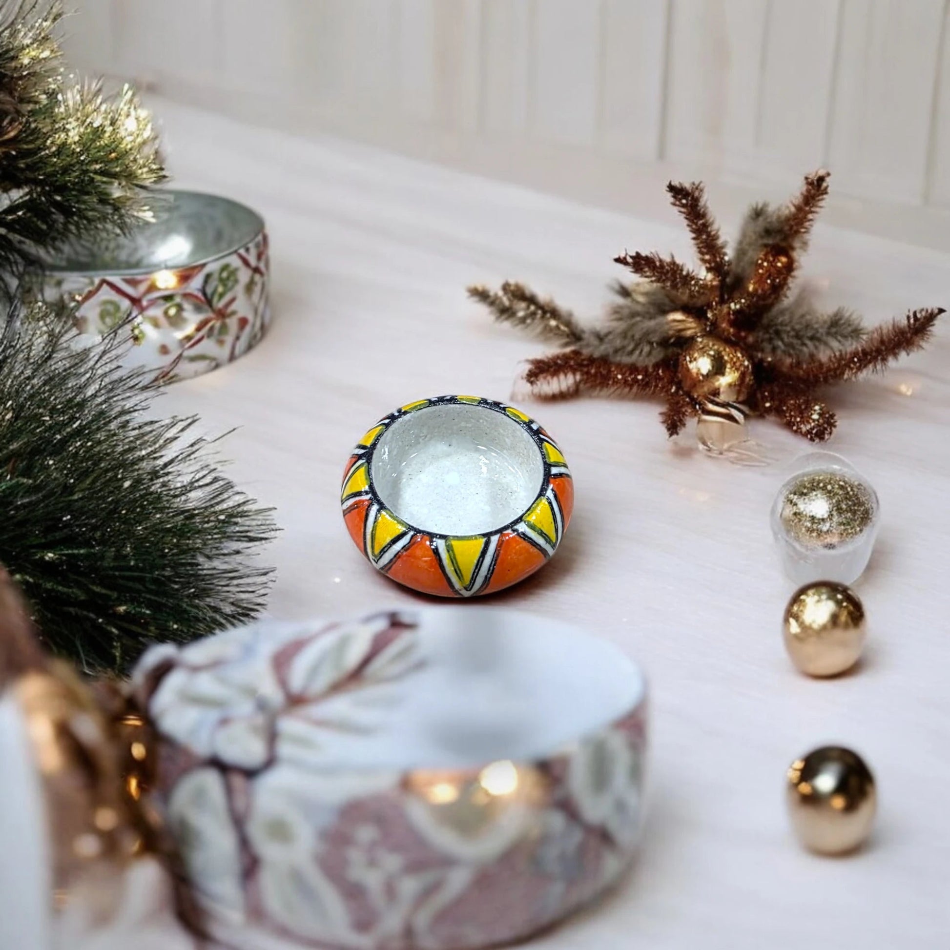 Set of 12 – Handcrafted Ceramic Hand - Painted Round Tea Light Candle Holders - Chinimitti