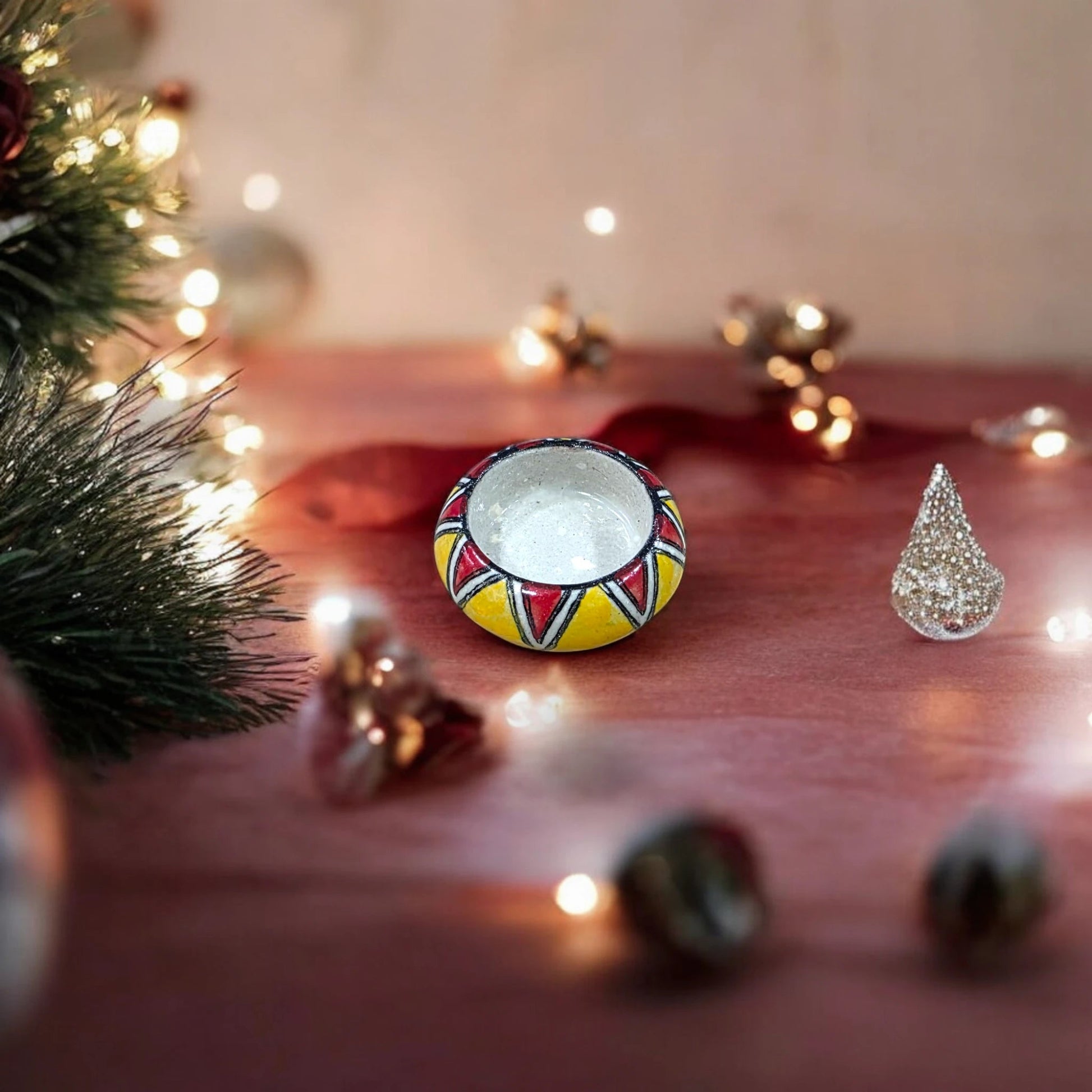 Set of 12 – Handcrafted Ceramic Hand - Painted Round Tea Light Candle Holders - Chinimitti