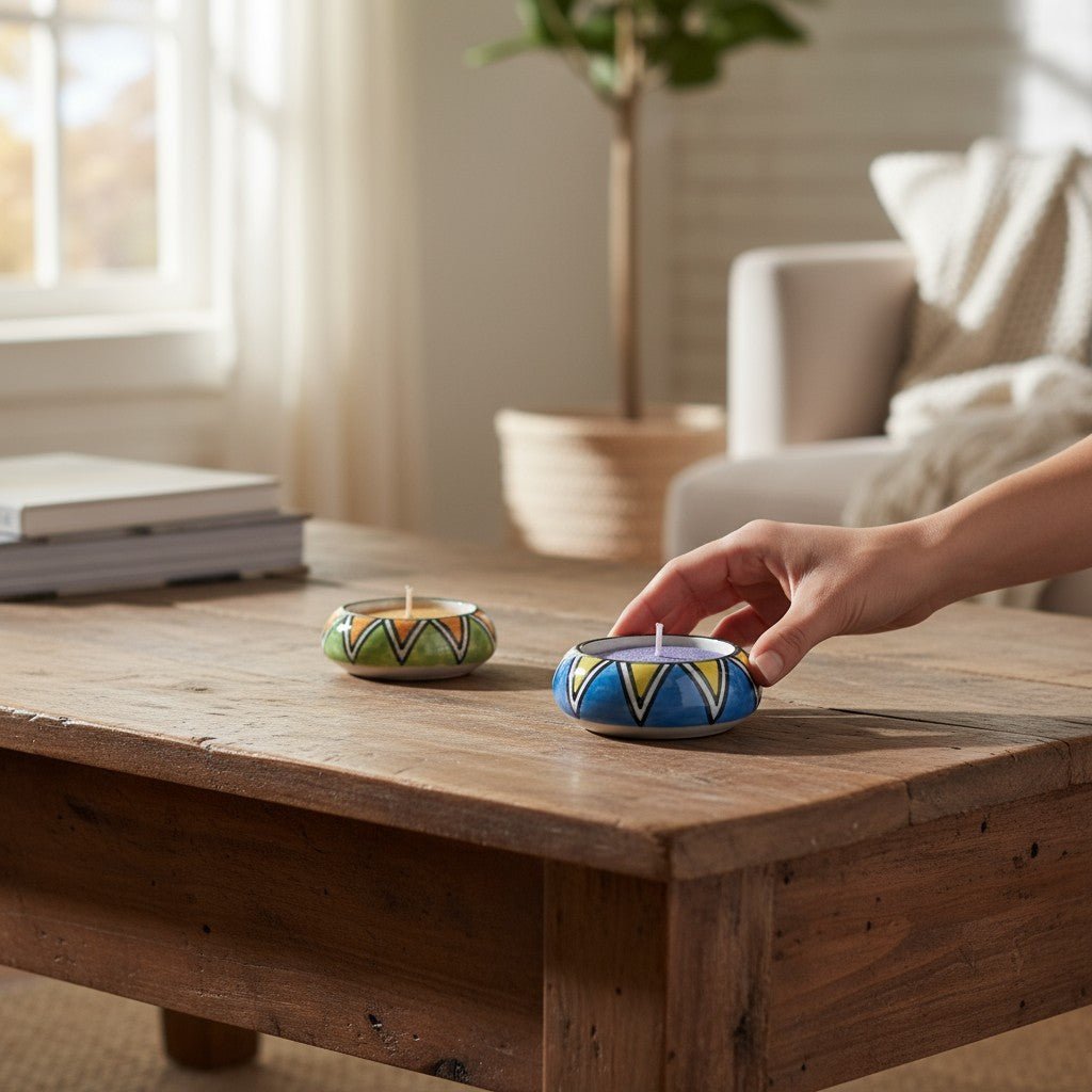 Set of 12 – Handcrafted Ceramic Hand - Painted Round Tea Light Candle Holders - Chinimitti