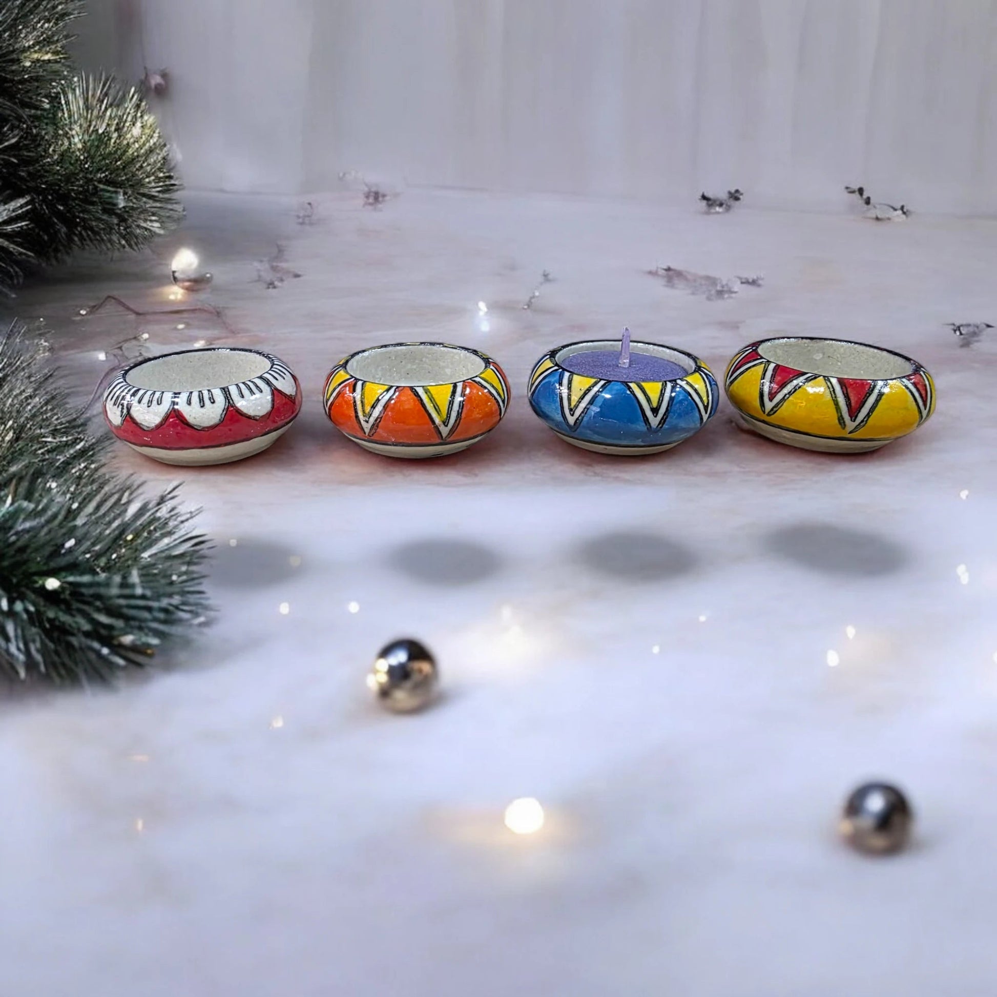 Set of 12 – Handcrafted Ceramic Hand - Painted Round Tea Light Candle Holders - Chinimitti