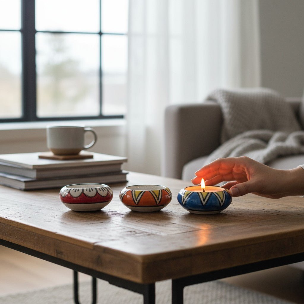 Set of 12 – Handcrafted Ceramic Hand - Painted Round Tea Light Candle Holders - Chinimitti