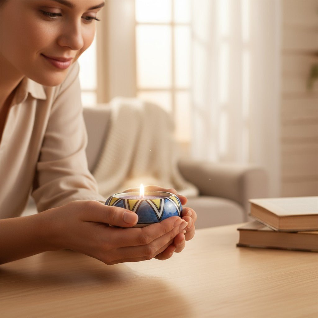 Set of 12 – Handcrafted Ceramic Hand - Painted Round Tea Light Candle Holders - Chinimitti