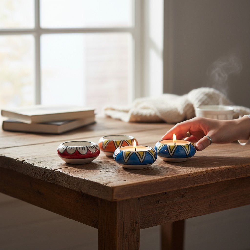 Set of 12 – Handcrafted Ceramic Hand - Painted Round Tea Light Candle Holders - Chinimitti