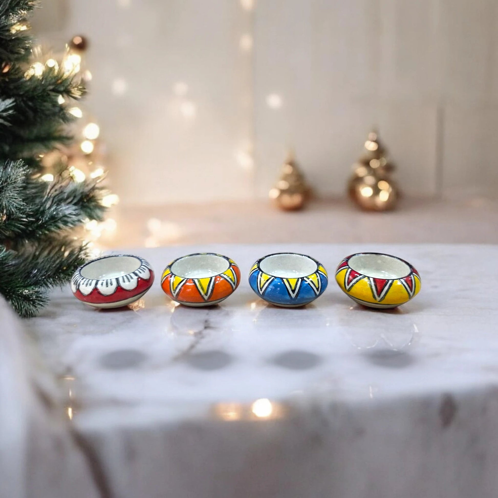 Set of 12 – Handcrafted Ceramic Hand - Painted Round Tea Light Candle Holders - Chinimitti