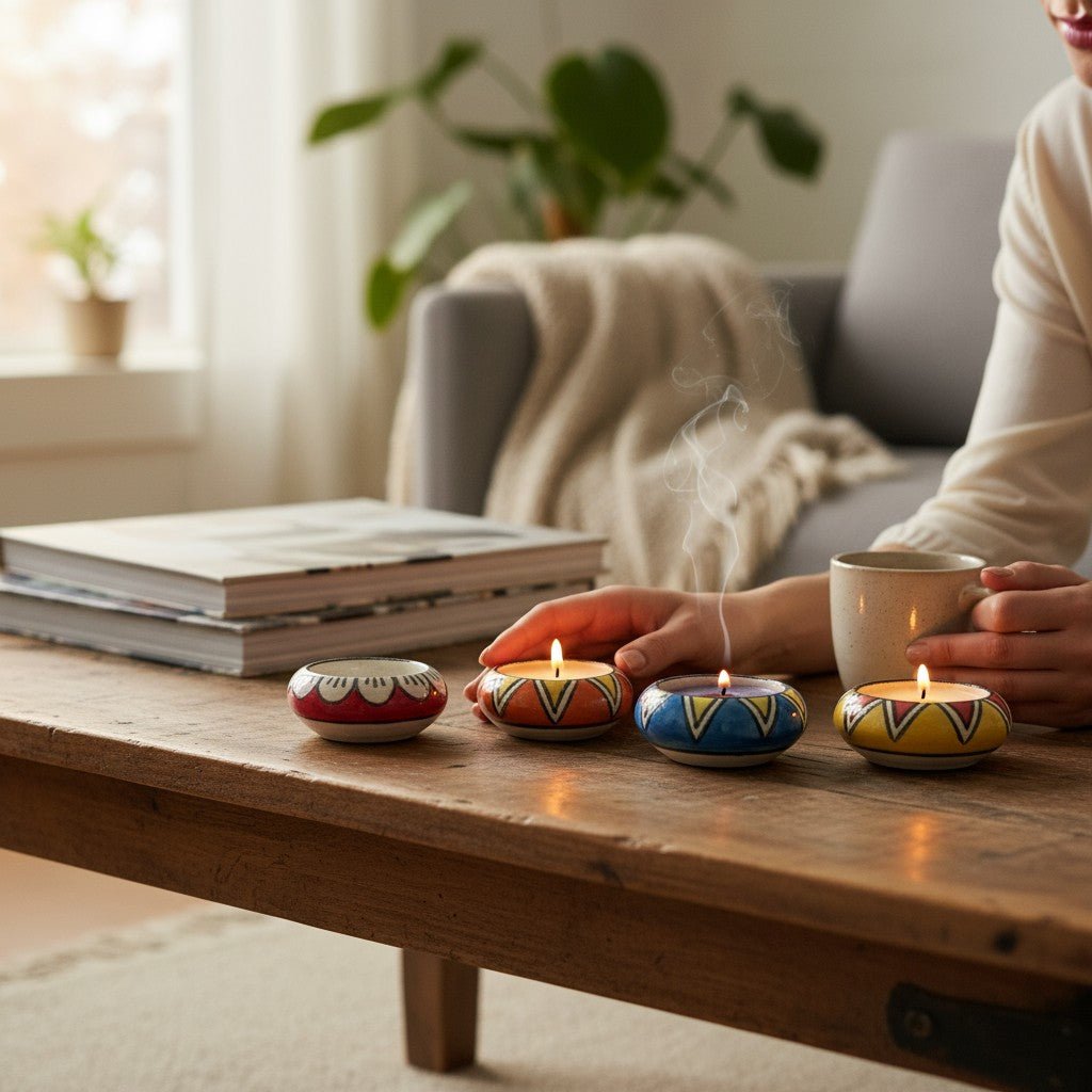 Set of 12 – Handcrafted Ceramic Hand - Painted Round Tea Light Candle Holders - Chinimitti