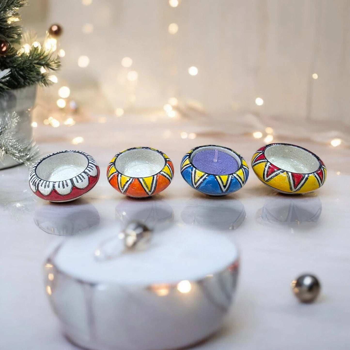 Set of 12 – Handcrafted Ceramic Hand - Painted Round Tea Light Candle Holders - Chinimitti