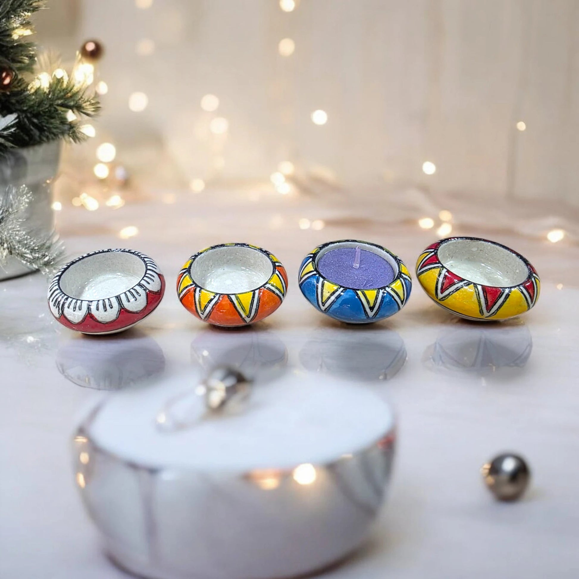 Set of 12 – Handcrafted Ceramic Hand - Painted Round Tea Light Candle Holders - Chinimitti