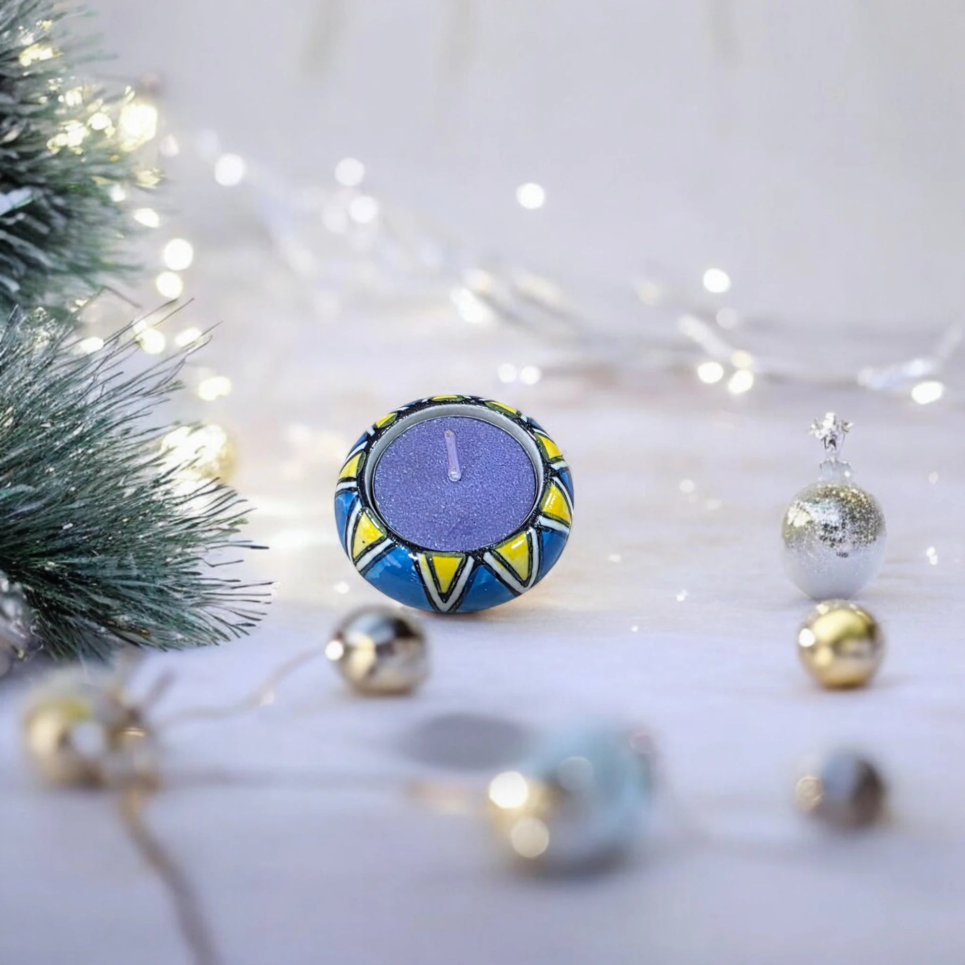 Set of 12 – Handcrafted Ceramic Hand - Painted Round Tea Light Candle Holders - Chinimitti