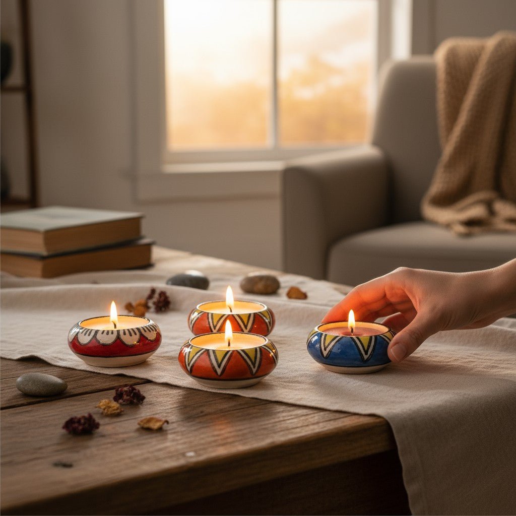 Set of 12 – Handcrafted Ceramic Hand - Painted Round Tea Light Candle Holders - Chinimitti