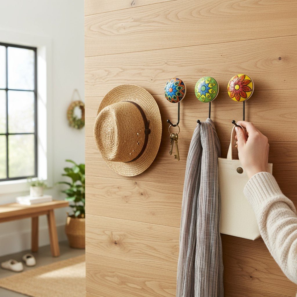 Set of 4 – Handcrafted Ceramic Colorful Hand - Painted Hooks - Chinimitti