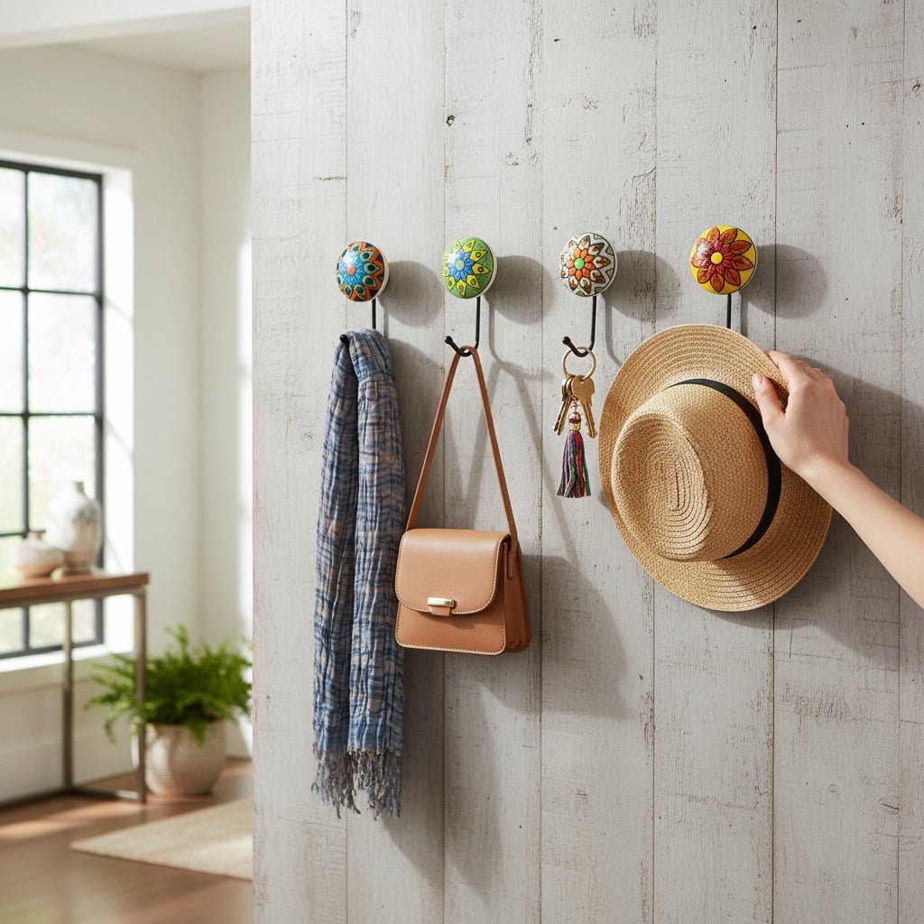 Set of 4 – Handcrafted Ceramic Colorful Hand - Painted Hooks - Chinimitti