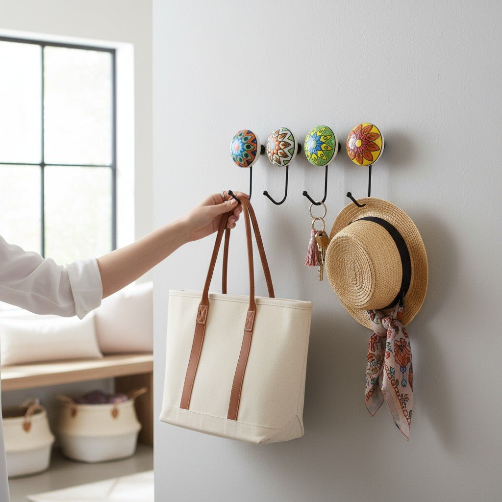 Set of 4 – Handcrafted Ceramic Colorful Hand - Painted Hooks - Chinimitti