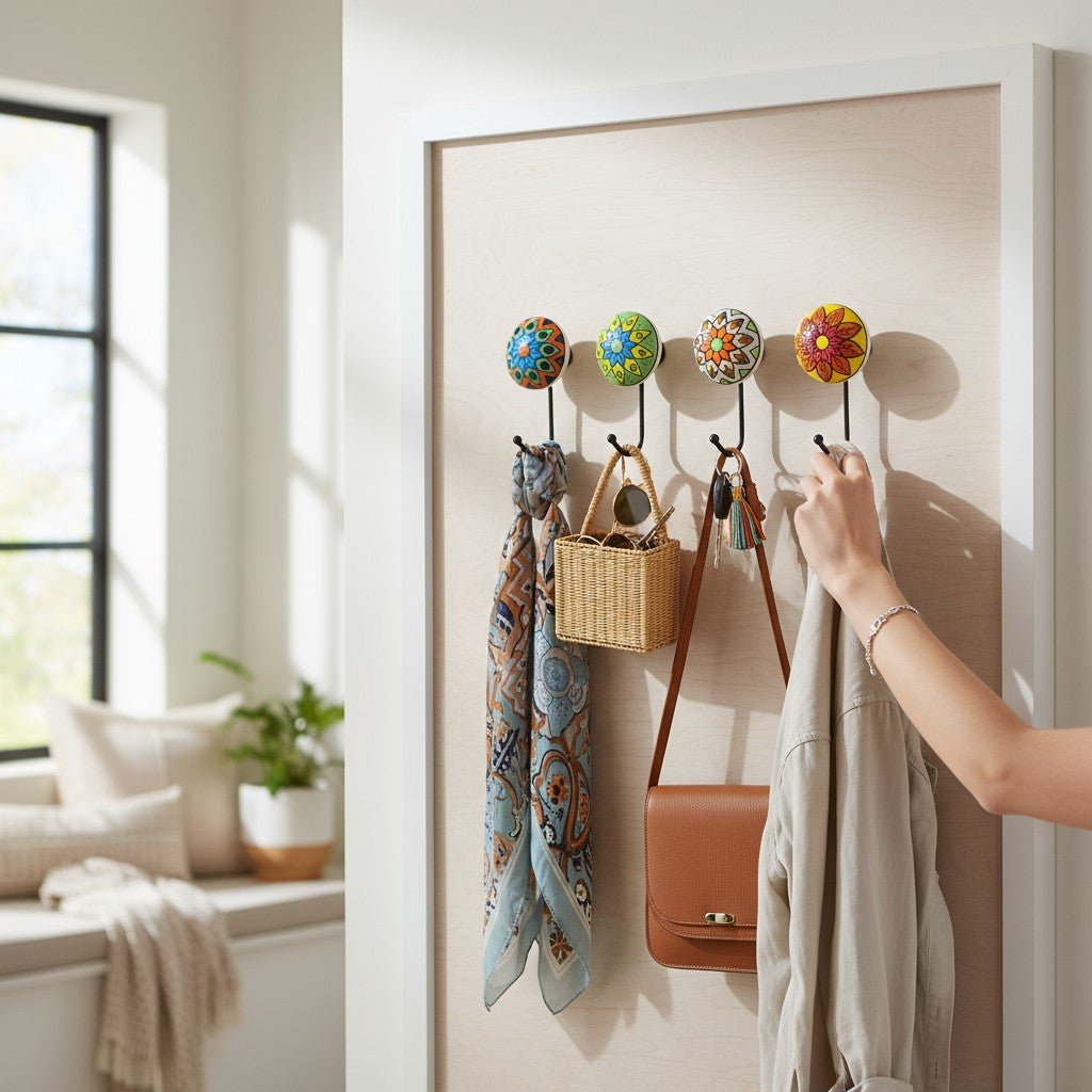 Set of 4 – Handcrafted Ceramic Colorful Hand - Painted Hooks - Chinimitti