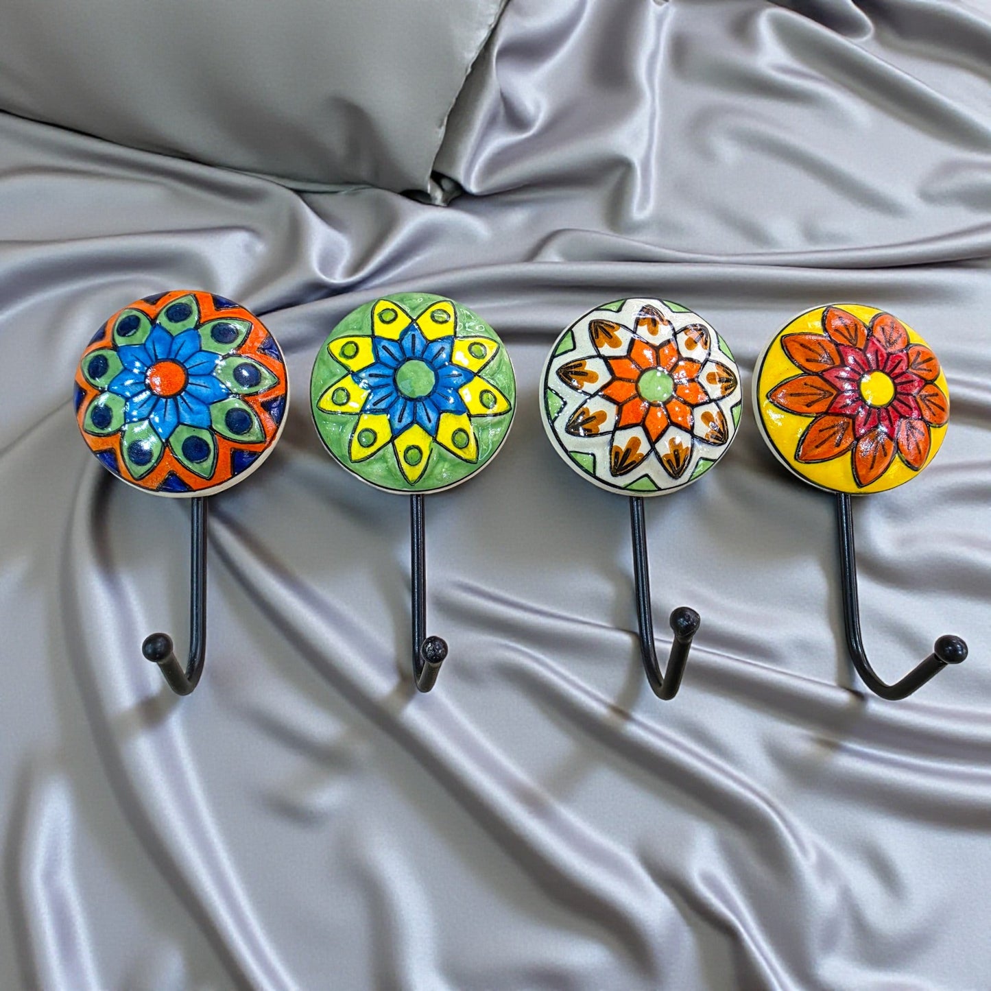 Set of 4 – Handcrafted Ceramic Colorful Hand - Painted Hooks - Chinimitti