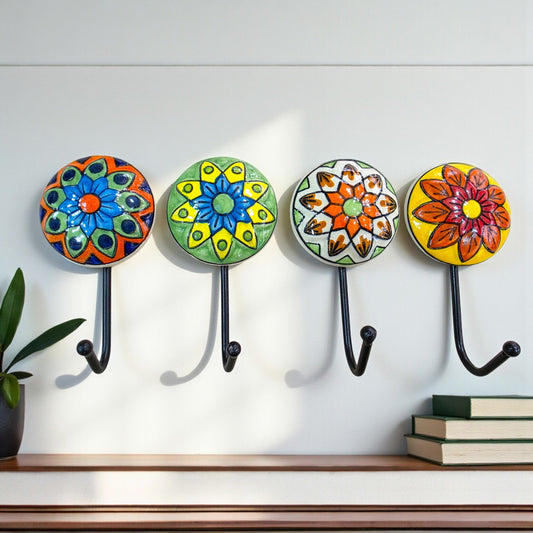 Set of 4 – Handcrafted Ceramic Colorful Hand - Painted Hooks - Chinimitti
