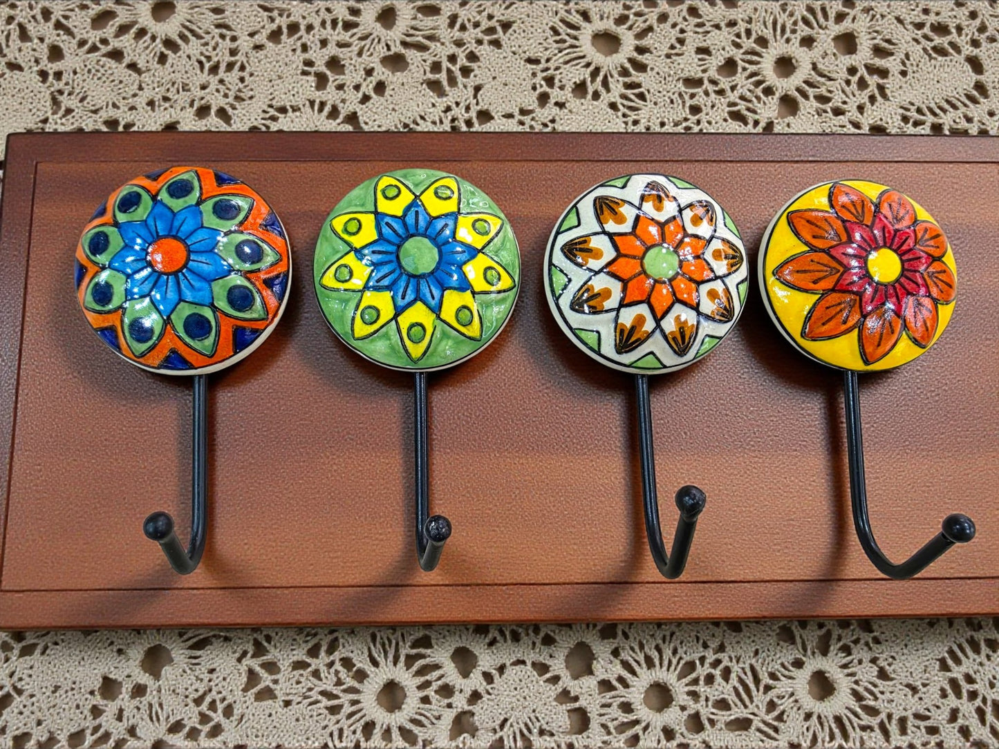 Set of 4 – Handcrafted Ceramic Colorful Hand - Painted Hooks - Chinimitti